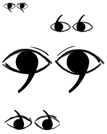 Quote mark punctuation with eye shapes drawn around them
