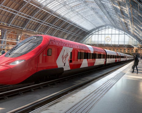A computer-generated photo of a Virgin Trains high-speed train at a platform inside St Pancras station's glass-roofed hall