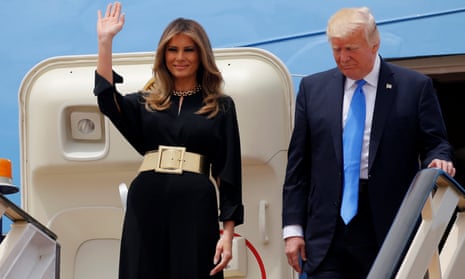 President Donald Trump and first lady Melania Trump arrive aboard Air Force One at King Khalid International Airport in Riyadh.
