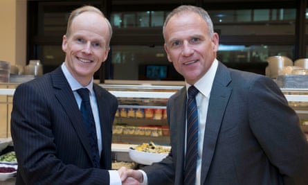 Booker chief executive Charles Wilson and Tesco chief executive Dave Lewis after the announcement of the £3.7bn takeover.