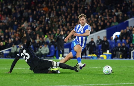 Jack Hinshelwood scores Brighton’s second goal against Chelsea.