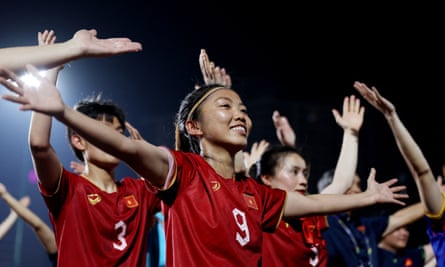 Vietnam’s Nhu Huynh, Thi Hai Linh Tran and Thi Loan Hoang celebrate after beating Myanmar at the Southeast Asian Games in May
