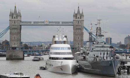 The superyacht A moored beside HMS Belfast in London late last year..