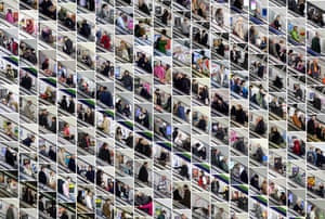  Documentary photographer Belinda Lawley’s study of people travelling on the tube in London comprises portraits of travellers on escalators in several stations. Each diagonal line in the composite image shows a different escalator on one day last year. 