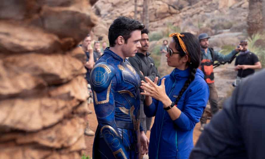 Richard Madden and director Chloé Zhao on the set of Eternals.