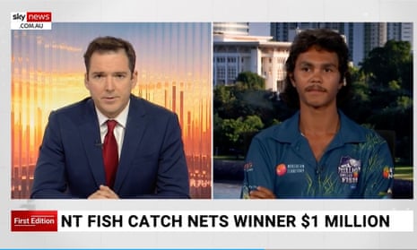 Sky News host Peter Stefanovic and Top End teenager Keegan Payne, who caught a barramundi worth $1m in a competition designed to promote tourism