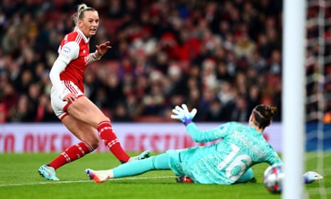 Stina Blackstenius of Arsenal scores a goal past Pauline Peyaud-Magnin of Juventus which is disallowed for offside.