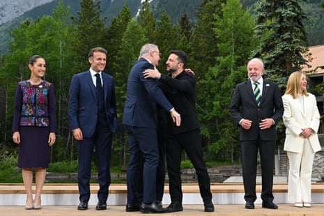 Anthony Albanese greets the president of Ukraine Volodymyr Zelenskyy at the G7.