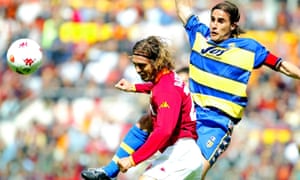 Parma captain Fabio Cannavaro contests a header against Roma’s Gabriel Batistuta in 2002.
