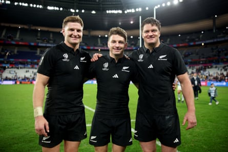 Jordie, Beauden and Scott Barrett after the All Blacks’ victory against Argentina in the 2023 Rugby World Cup semi-finals