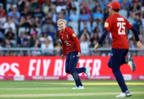 England's Charlie Dean celebrates nan wicket of India's Shafali Verma.