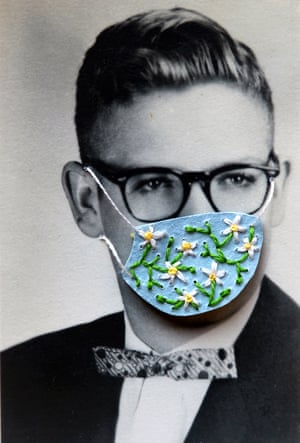 Vintage photographs with embroidered coronavirus masks by artist Han Cao.