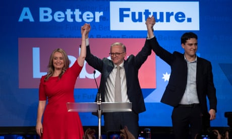 Prime Minister elect Anthony Albanese addresses the party faithful with Jodie Haydon and Nathan Albanese at the election night function at Canterbury Hurlstone Park RSL club for Labor leader Anthony Albanese. Australian election. Photograph by Mike Bowers. Saturday 21st May 2022. Guardian Australia