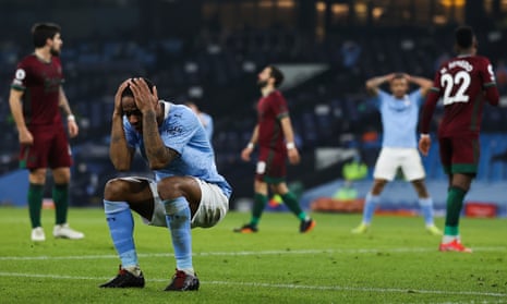 Raheem Sterling of Manchester City after his back heel nearly went into the goal.