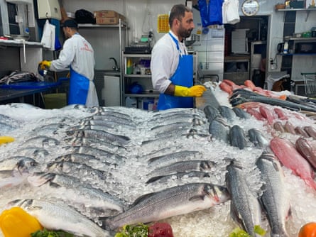 Two men wearing blue aprons and yellow gloves standing in front of frozen fish in a fishmongers.
