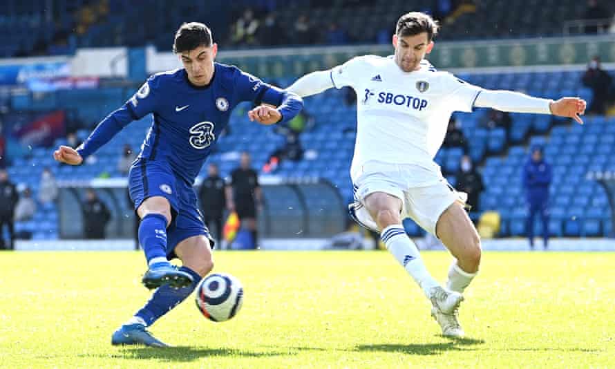 Kai Havertz unleashes a shot that was saved by Islan Meslier.