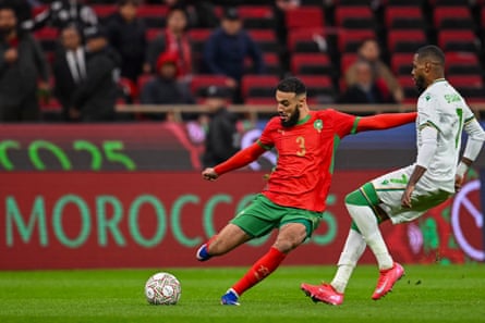 Mazraoui kicks the ball during the Africa Cup of Nations football match between Morocco and Comoros in December