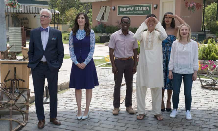 The Good and the Bad... (from left) Ted Danson as Michael, Darcy Cardin as Janet, William Jackson Harper as Sheedy, Manny Jacinto as Jianio, Jamila Jameel as Tihani, Kristen Bell as Eleanor in The Good Place .