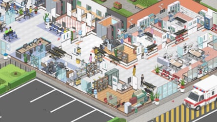 Project Hospital. still from game play shows overview of busy hospital’s interiors
