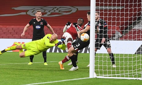 Eddie Nketiah scores the opener for Arsenal against Dundalk.