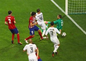 The ball goes under Oblak after a touch from Ramos.