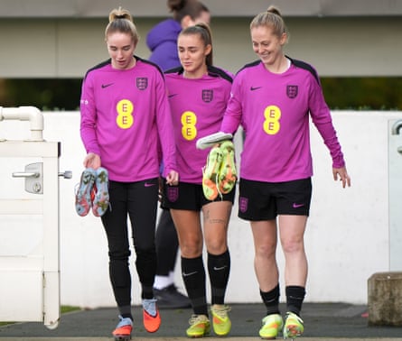 England’s Missy Bo Kearns, Georgia Stanway and Keira Walsh (left-right) during a training session