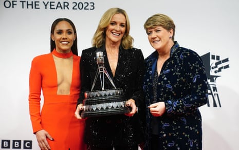 Sports Personality of the Year co-hosts (L-R) Alex Scott, Gabby Logan and Clare Balding pose with the famous trophy.