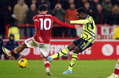 Arsenal's Bukayo Saka scoring his side’s second goal.