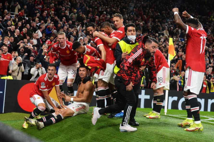 Cheerful scenes at Old Trafford, earlier.