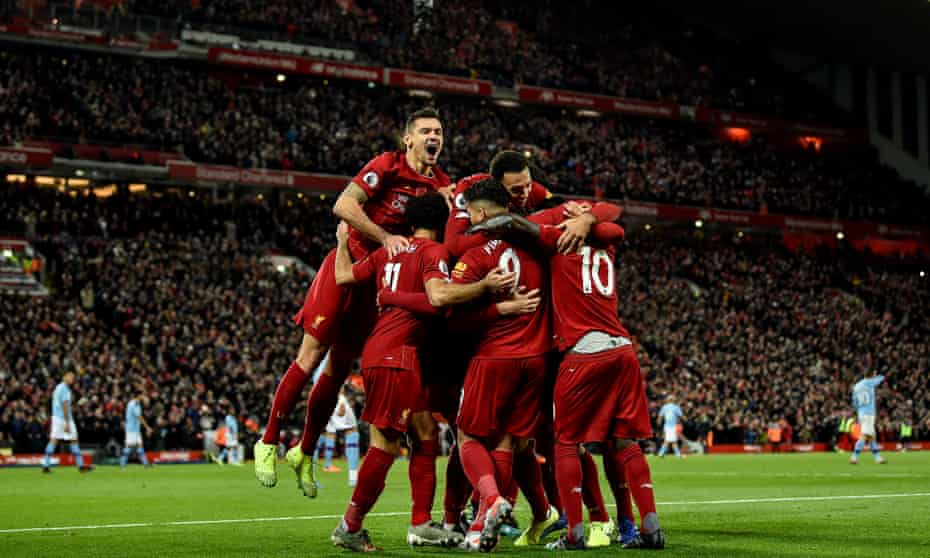 Liverpool celebrate Sadio Mané’s opener in their 3-1 win against Manchester City in November 2019