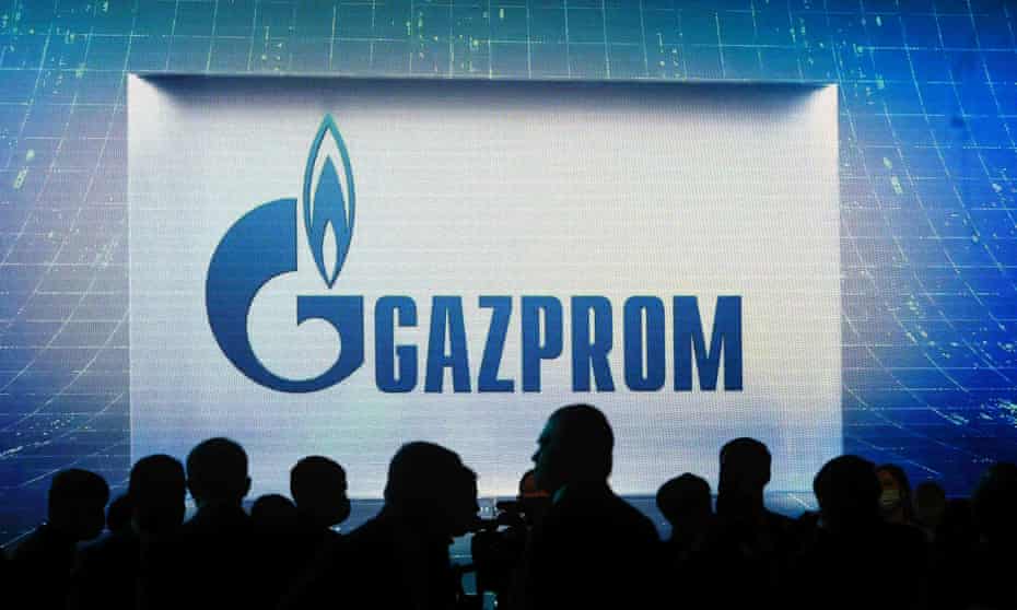 The Gazprom logo during the International Gas Forum, at the Expoforum Convention and Exhibition Centre in Saint Petersburg, October 2021.