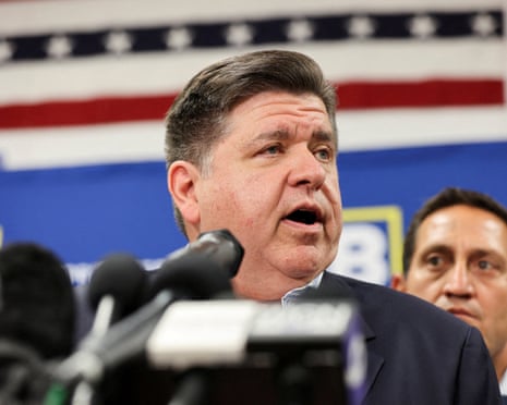 Illinois governor JB Pritzker speaks near at a press conference on 3 August 2025.