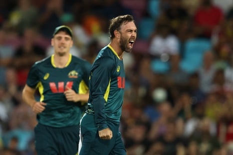 Glenn Maxwell celebrates after taking the wicket of Aiden Markram