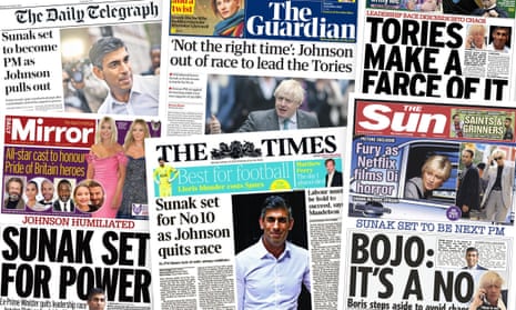 UK newspaper front pages for 24 October featuring The Telegraph, The Guardian, The Daily Record, The Mirror, The Times and The Sun