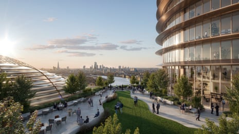 An artist's rendition shows a planned tower by JPMorgan Chase at the Riverside South site in Canary Wharf, London.