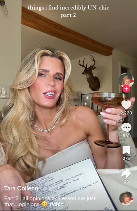 A white woman with blonde hair speaks to the camera while holding a cocktail glass, with a caption that says “things that I find incredibly UN-chic part 2”