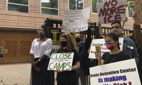 Dawn Wooten, left, a nurse at Irwin county detention center in Ocilla, Georgia, attends a news conference in Atlanta protesting conditions at the immigration jail.