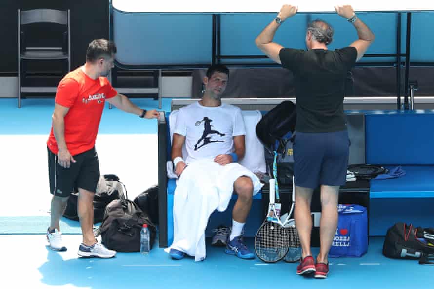 Novak Djokovic during his practice session at Rod Laver Arena on Tuesday.