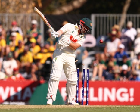 Travis Head is bowled by Shoriful Islam on day one of the second Test