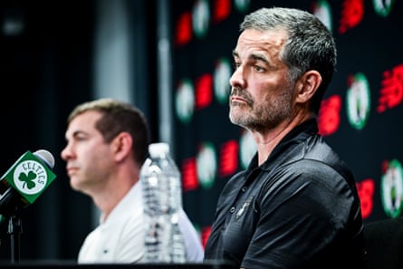 Celtics president of hoops operations Brad Stevens (left) and lead proprietor Bill Chisholm speak during a media readiness connected Monday successful Boston.