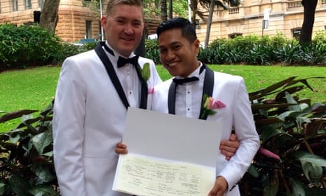 Thomas Sharpe and Koko Firman Ariyanto, who became the 200th couple to marry in an Australian UK consulate. 