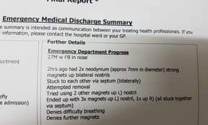 Hospital record: Daniel Reardon’s discharge report after presenting at hospital with magnets stuck up his nose. Hospital record: Daniel Reardon’s discharge report after presenting at hospital with magnets stuck up his nose.