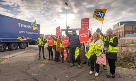 Border Force staff (who are members of the PCS union) at the Port of Newhaven picket outside the ferry port on 1 February 2023.