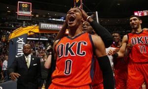 Russell Westbrook led the league this season with 31.6 points and added 10.7 rebounds and 10.4 assists per game