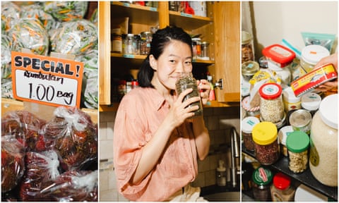 From left: $1 bags at a Queens grocery store, June Xie in her kitchen, and various ingredients she uses to cook.
