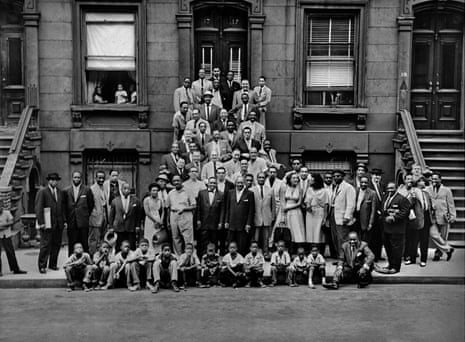 Black and white image of 57 jazz musicians gathered on the steps of a brownstone in Manhattan, New York, 1958