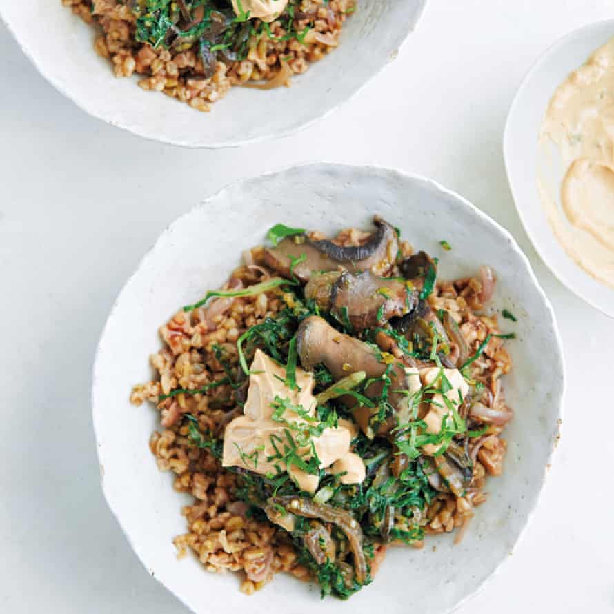 Peter Gordon’s vegetarian freekeh, walnut, chard, mushrooms and tahini mascarpone.