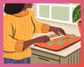 Woman chopping vegetables on cutting board in kitchen at home