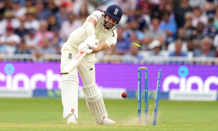 Anderson’s bails go flying, courtesy of India’s Jasprit Bumrah.