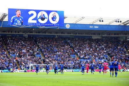 Leicester fans celebrate Jamie Vardy scoring his 200th goal on his 500th appearance for the club in May 2025.